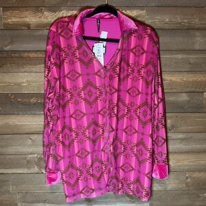 Two 2 Fly "Lone Ranger" Pink Brown Aztec Button Up Top Velvet Trim Size Large NW